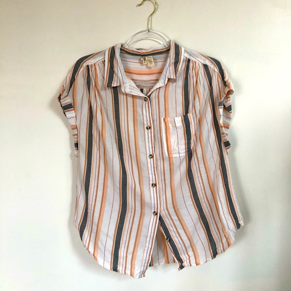 2/$25 Japana Button Down Striped Peach Grey Large - Picture 3 of 5